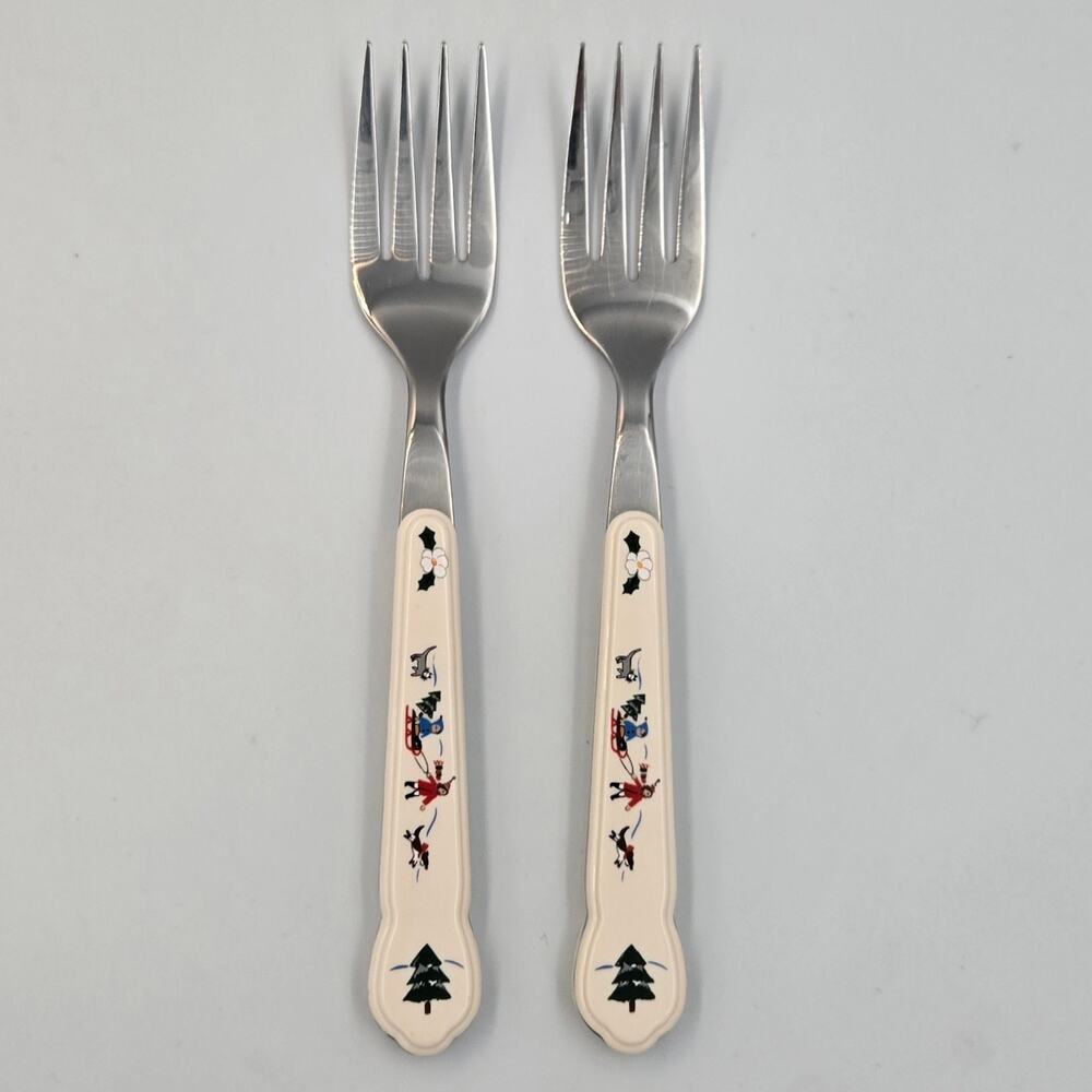 Two Pfaltzgraff Snow Village Stainless Steel Salad Fork Replacements